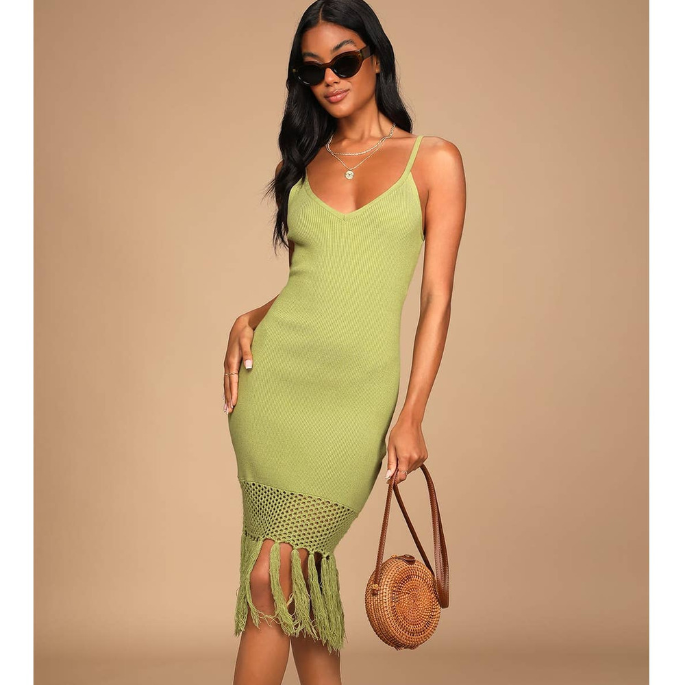 Lulu's Lime Green Knit Midi Dress with Fringe Hem